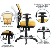 Chaise exécutive pivotante multifonctions en maille jaune-orange à dossier mi-hauteur avec appui-bras réglable