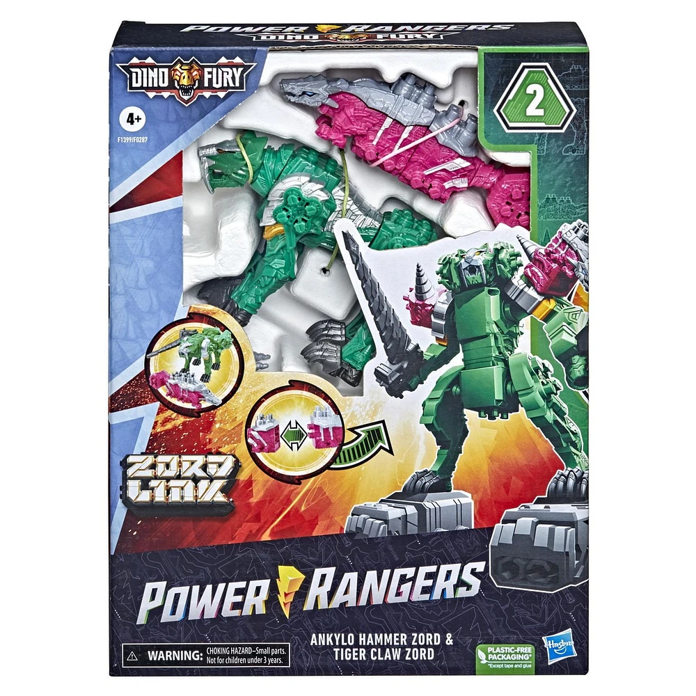 Power Rangers Dino Fury Marteau Ankylo rose et griffe de tigre verte Jouets Zord pour enfants à partir de 4 ans Système de construction personnalisé Zord Link Mix-and-Match