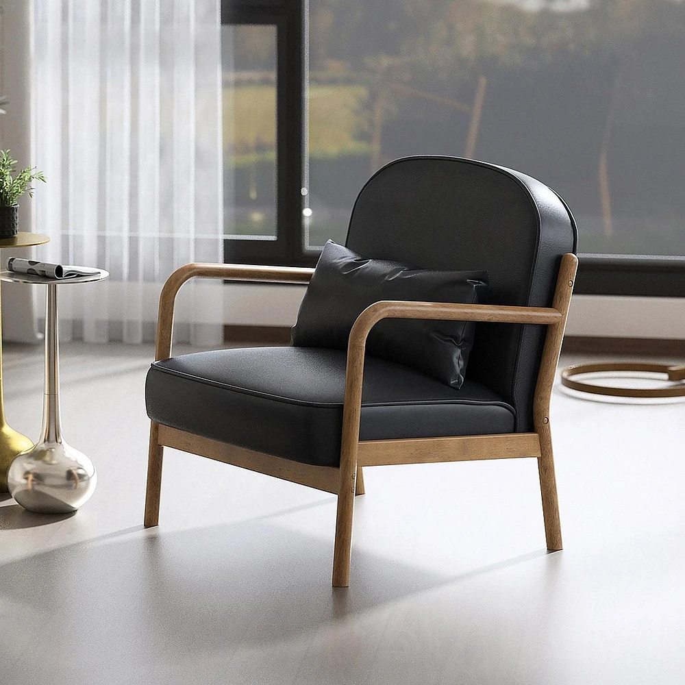 Mid-Century Modern Faux Leather & Solid Wood Accent Chair, Faux Leather - Black & Walnut