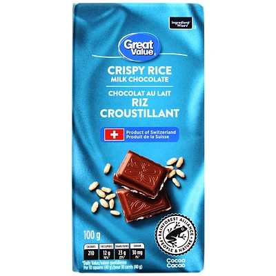 Barre de riz croustillant au chocolat au lait de Great Value 100g