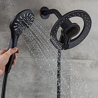 Valve thermostatique carrée avec déviateur à 4 voies d'Akuaplus®. 2 douchettes magnétiques à 3 réglages avec bouton poussoir et pommeau de douche pivotable. Fini noir mat