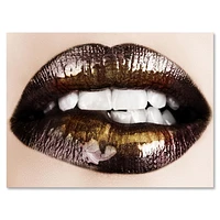 Designart Black Gold Lips Biting Canvas Wall Art