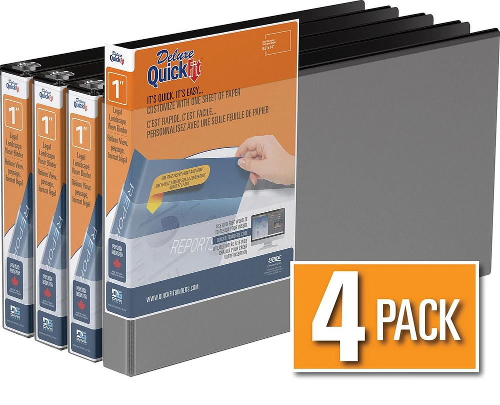 Reliure QuickFit View robuste, format légal, 8,5 po x 14 po, orientation paysage, 1 po, anneaux ronds, paquet de 4