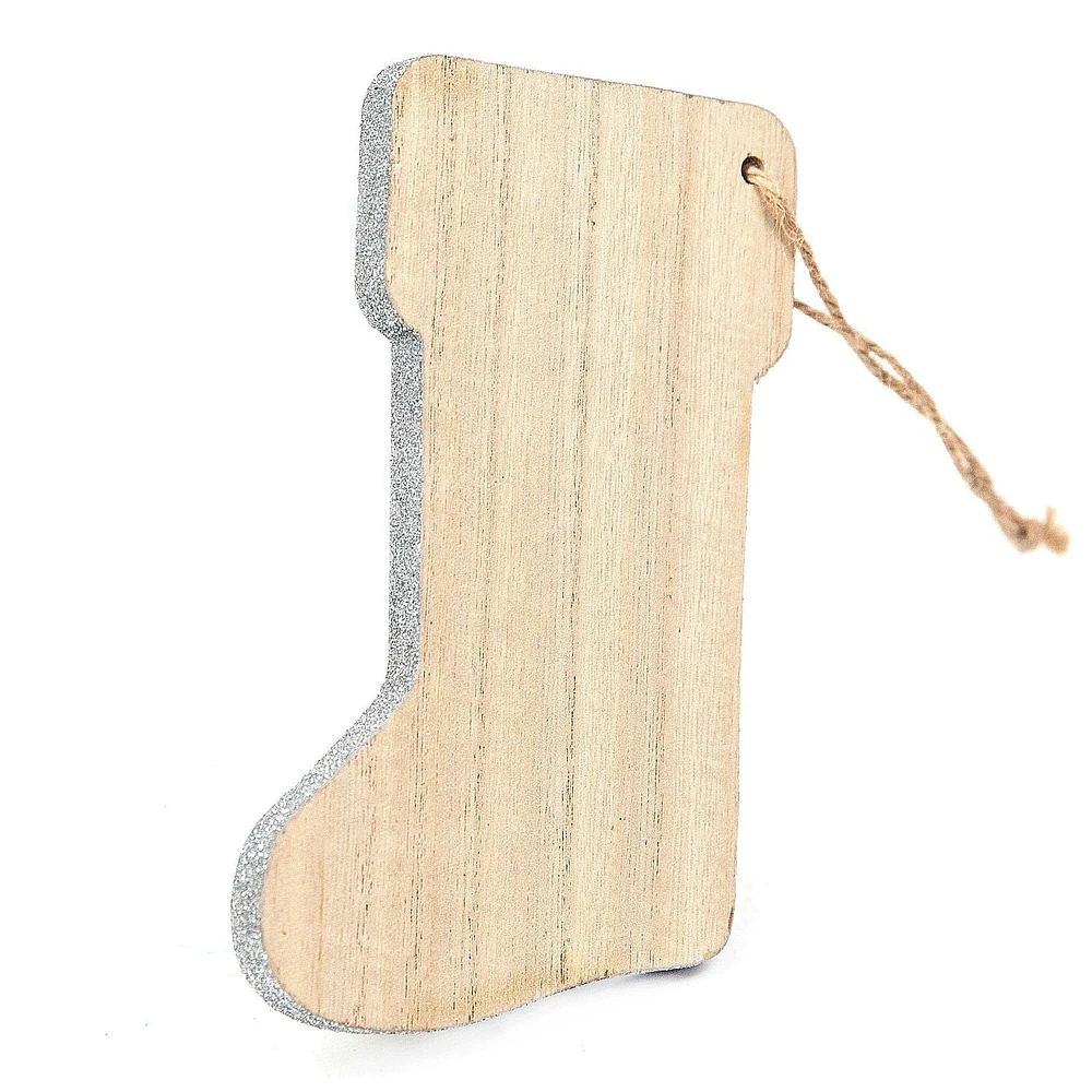 On the Surface bas de Noël en bois avec bordure pailletée argentée, ornement ou<br>étiquette-cadeau avec ficelle en jute pour l’accrocher