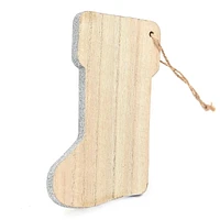 On the Surface bas de Noël en bois avec bordure pailletée argentée, ornement ou<br>étiquette-cadeau avec ficelle en jute pour l’accrocher