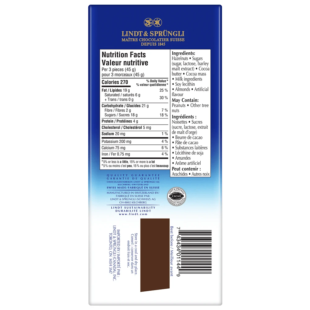 Lindt SWISS CLASSIC GRANDES Hazelnut Milk Chocolate Bar, 150g, 150 g