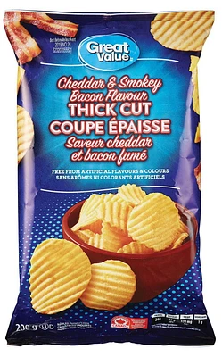 Great Value Thick Cut Cheddar & Smokey Bacon Flavour Rippled Potato Chips