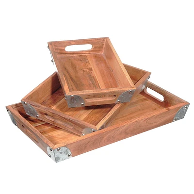 Rect. Wooden Tray With Metal Corners (Set Of 3)