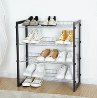MAINSTAYS 4-Tier Shoe Rack with Wood Frame And Wire Shelf, 2 different frame colors for option, grey and brown, Assembled size: 25 in. W x 12 in. D x 27.5 in. H