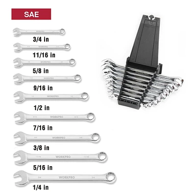 WorkPro SAE Combination Wrench Set - 9 Piece, Mirrored chrome finish