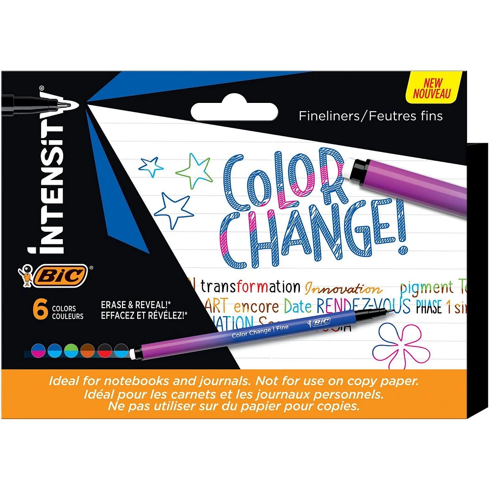BIC Intensity Colour Change Feutre d'Écriture à Pointe Fine 0,4 mm avec Technologie Changement de Couleur pour l’Écriture et le Dessin Créatif - Couleurs Assorties, Pack de 6