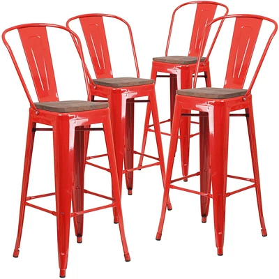 Lot de 4 pièces - Tabouret de bar de 30 po haut en métal rouge avec dossier et siège en bois
