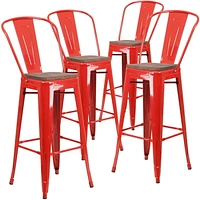 Lot de 4 pièces - Tabouret de bar de 30 po haut en métal rouge avec dossier et siège en bois