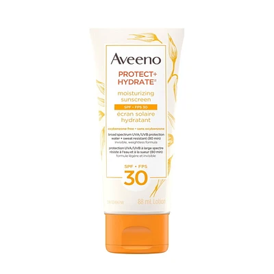 Aveeno Protect and Hydrate Face and Body Sunscreen SPF 30, Water and Sweat Resistant, Oxybenzone Free, 88mL, 88 mL