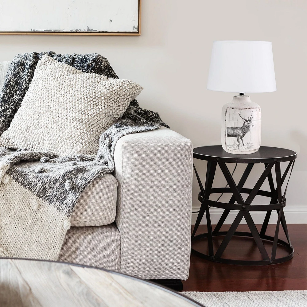 Simple Designs Rustic Deer Buck Nature Printed Ceramic Farmhouse Accent Table Lamp with Fabric Shade