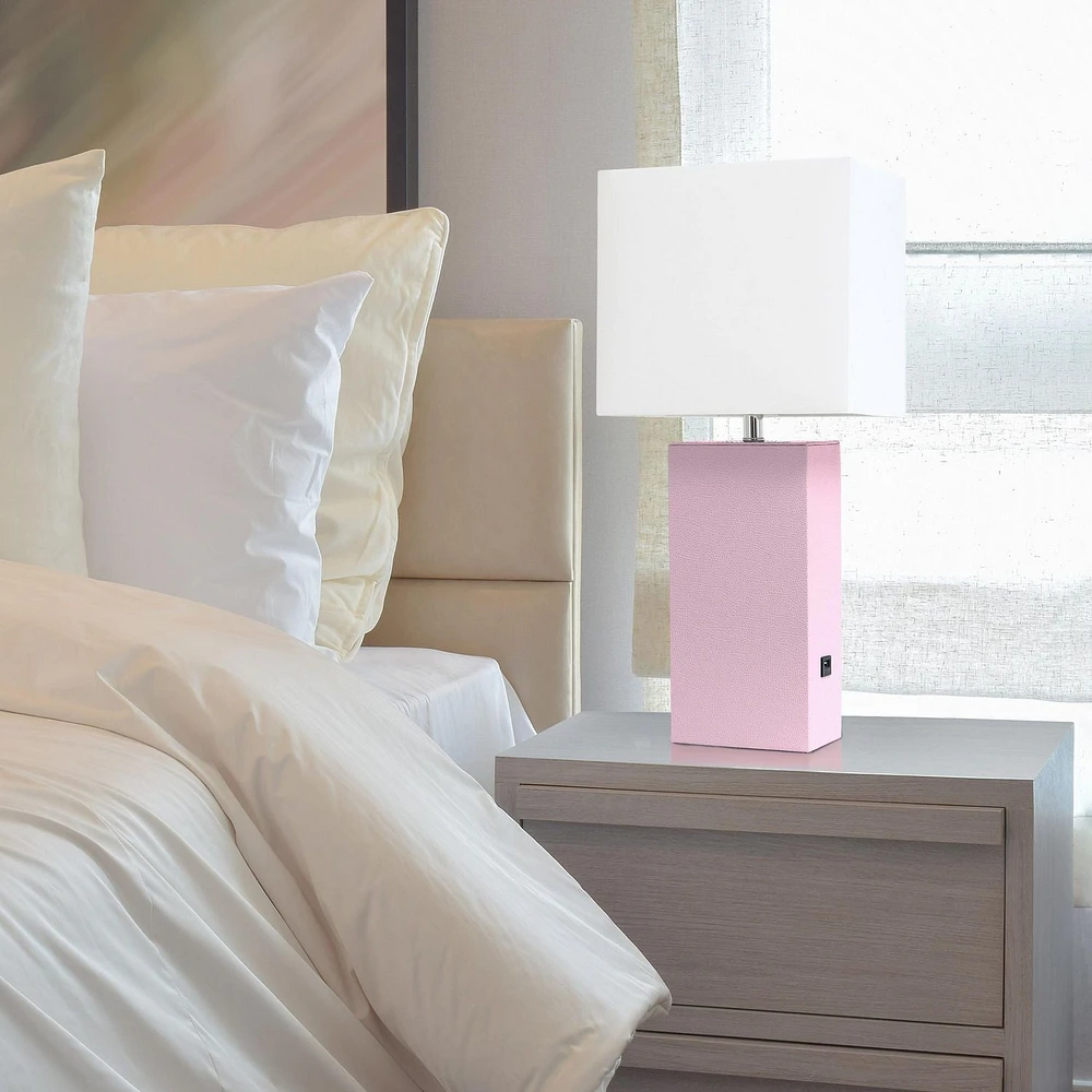 Lampe de table design moderne en cuir élégant avec abat-jour USB et tissu blanc