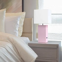 Lampe de table design moderne en cuir élégant avec abat-jour USB et tissu blanc
