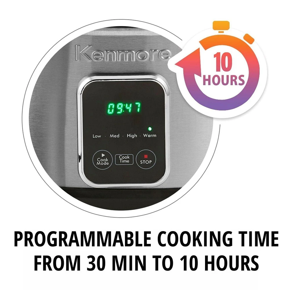 Kenmore 7-Qt Programmable Slow Cooker with Dipper (6.6L), Black & Silver, Easy to Use for Family Meals