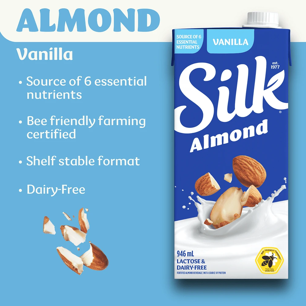 Silk Almond Milk Alternative, Vanilla Flavour, Dairy-Free, Shelf Stable, 946 mL