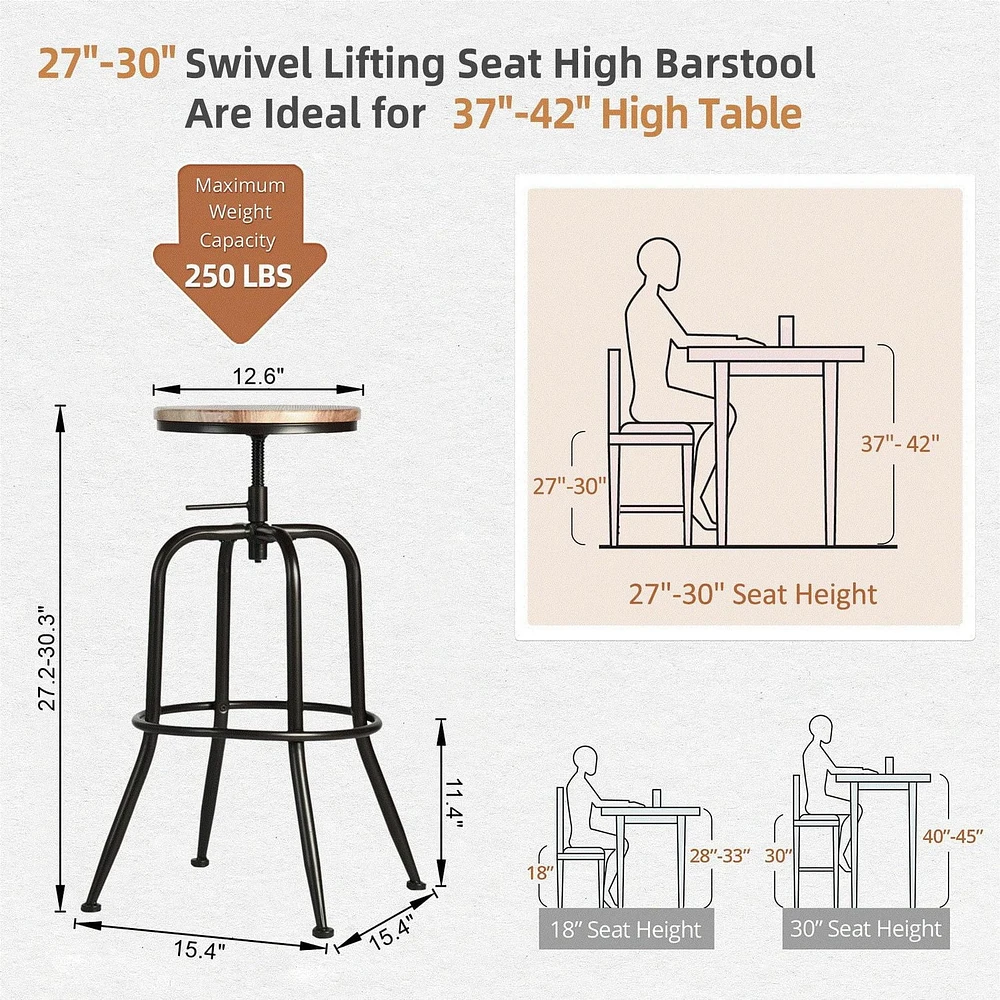 Homy Casa Lot de 2 tabourets de bar pivotants - Tabourets de bar de comptoir à hauteur réglable de 27 à 30 pouces avec siège en bois et repose-pieds en métal