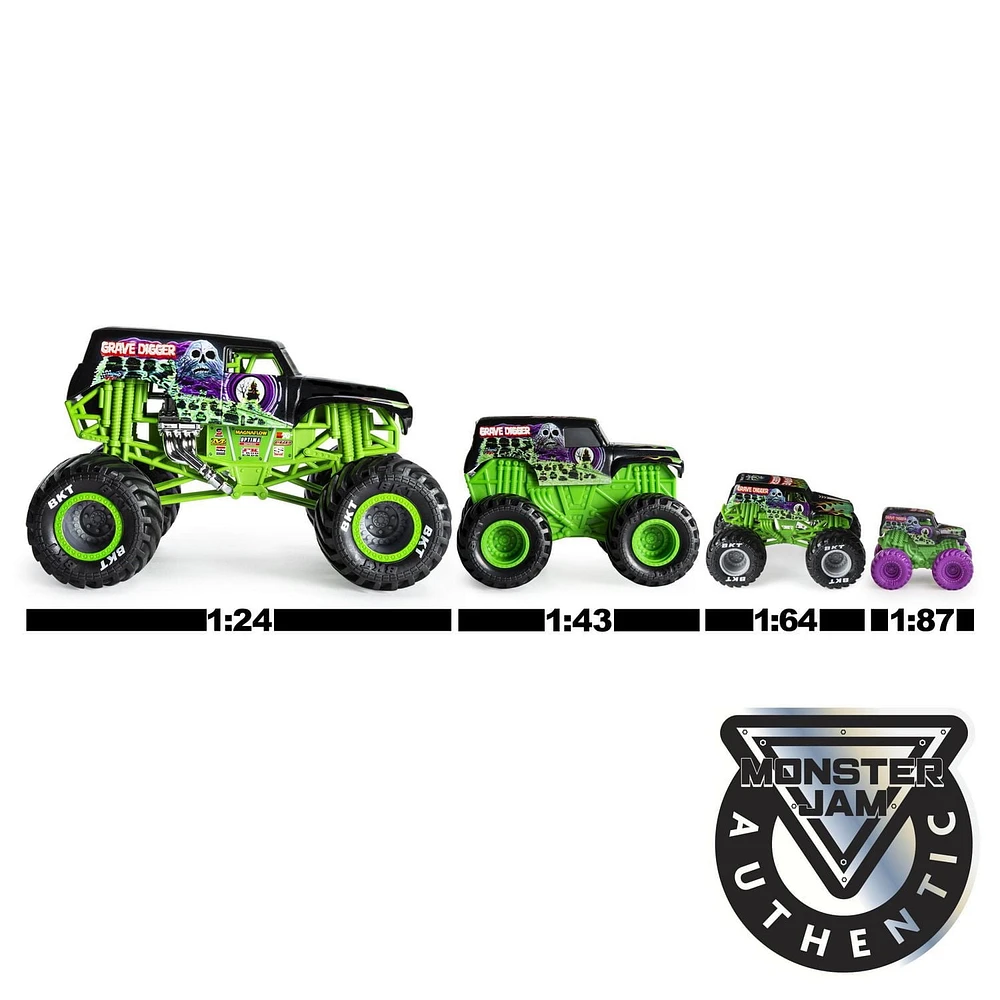 Monster Jam, Monster truck Dugg Dirt Squad Excavator officiel avec pièces mobiles, véhicule en métal moulé à l'échelle 1:64