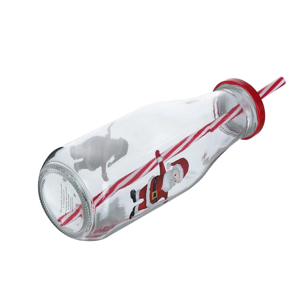 HOLIDAY TIME 14.88 oz Glass Bottle with red lid & straw<br>XMAS DESIGN PATTERN - SANTA