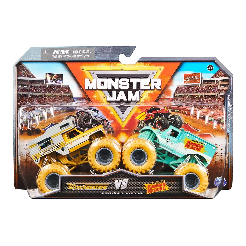 Monster Jam, Monster trucks en métal moulé Wreckcreation Vs. Forest Rescue officiels, échelle 1:64, jouets pour garçons à partir de 3 ans