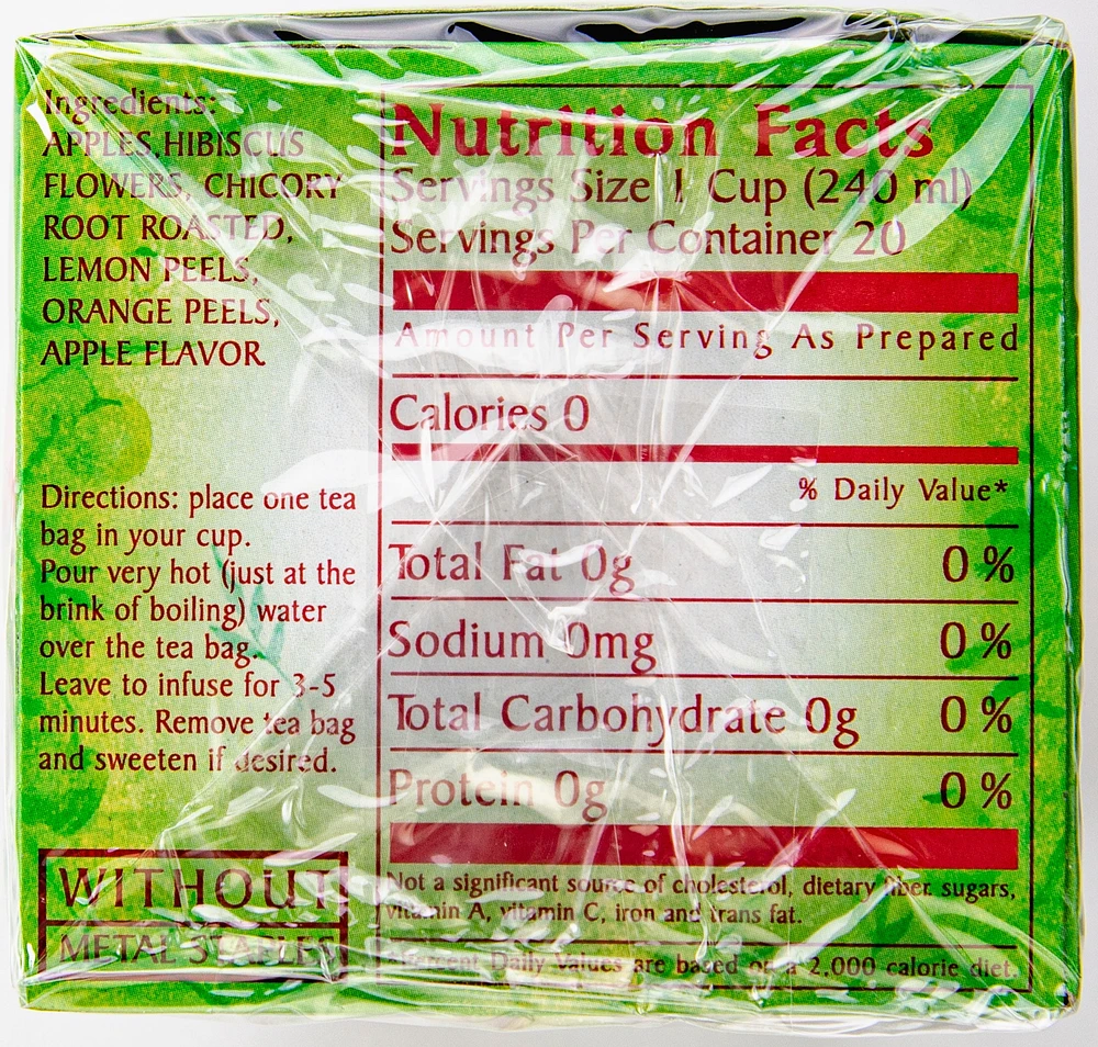 APPLE DELIGHT TEA, The infusion has a delicate aroma and a wonderful taste. It contains dried apples, hibiscus flowers, toasted chicory root, lemon and orange peels.
Medical knowledge attributes to the apple infusion the qualities of countering poisons. The apples help to disinfect the mouth and contain diuretic subst
