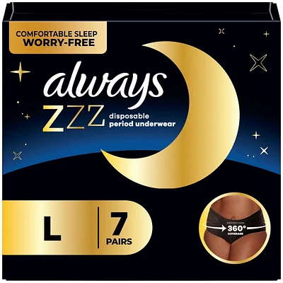 Sous-vêtements jetables pour les règles Always ZZZ de nuit, protection à 360° pour des nuits sans tracas, pour femmes, tailleG, 7sous-vêtements 7CT