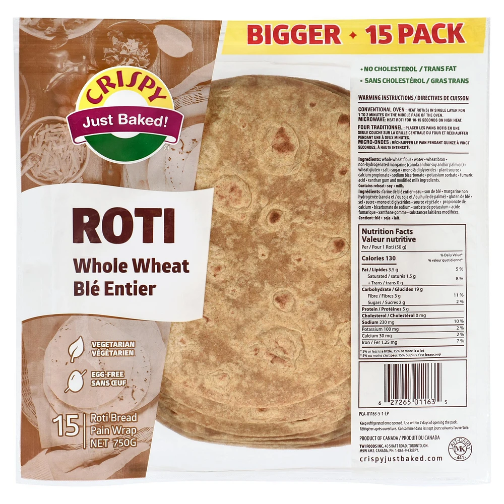 Whole Wheat Roti 15P, 750G/ 15 Count