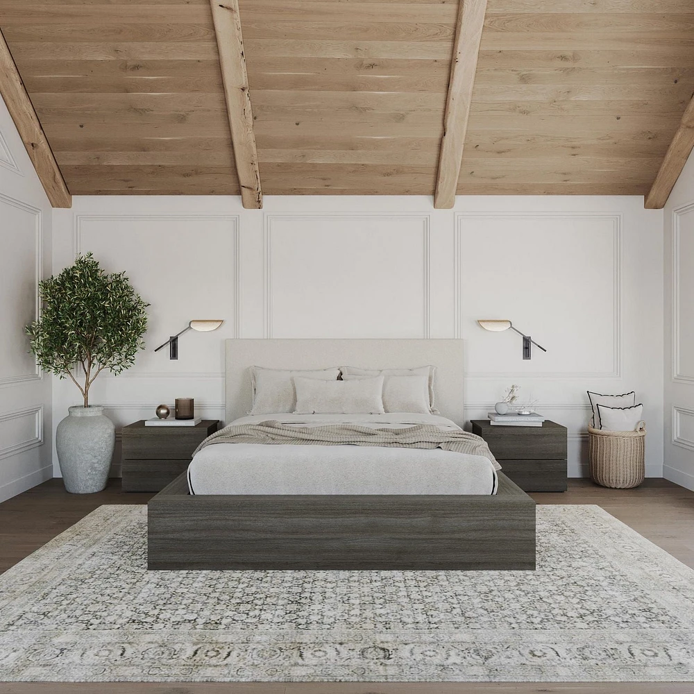 Ensemble de chambre à coucher Jane 4 pièces avec lit queen size, tête de lit rembourrée et 2 tables de chevet