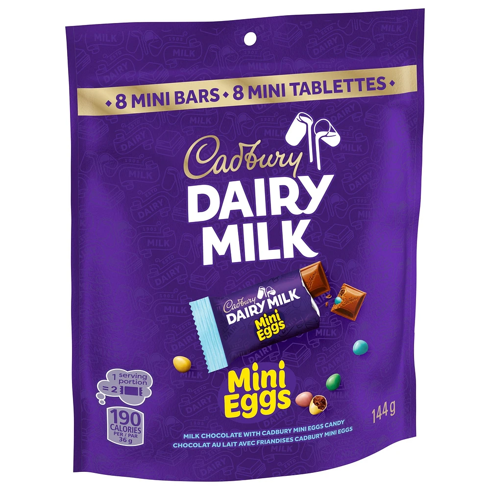 CADBURY DAIRY MILK Mini Eggs Mini Bars, Milk Chocolate with CADBURY Mini Eggs, Bag of 8 x 18 g Mini Bars, 144 g, CADBURY DAIRY MILK MINI EGGS MINI BARS 144G 8