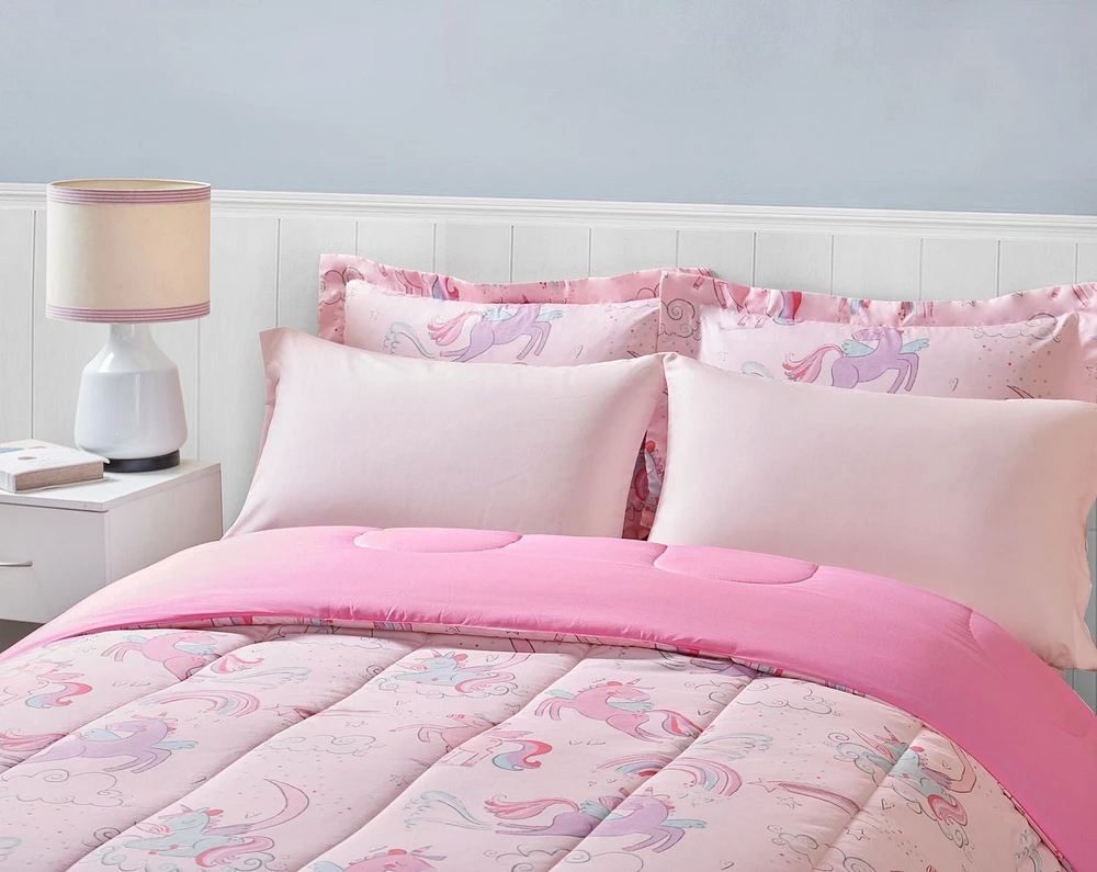 Ensemble de lit Licorne Rose de Mainstays Kids 1 place: 6 morceaux & Double: 8 morceaux