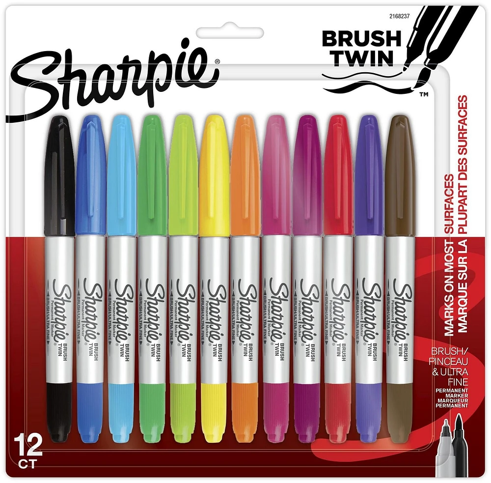 Sharpie Brush Twin Marqueurs permanents, marqueur à pointe pinceau et marqueur à pointe ultra fine, assortis, 12 pièces 12 unités