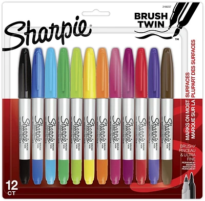 Sharpie Brush Twin Permanent Markers, Brush Tip Marker and Ultra Fine Tip Marker, Assorted, 12 Count