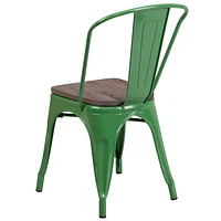Lot de 4 pièces - Chaise empilable en métal vert avec siège en bois