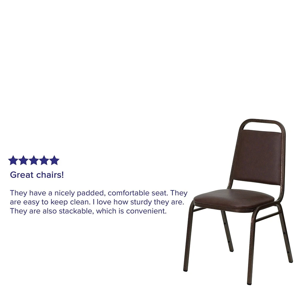 Lot de 4 pièces - Chaise de banquet empilable de la série HERCULES à dossier trapèze en vinyle brun - Cadre veine de cuivre