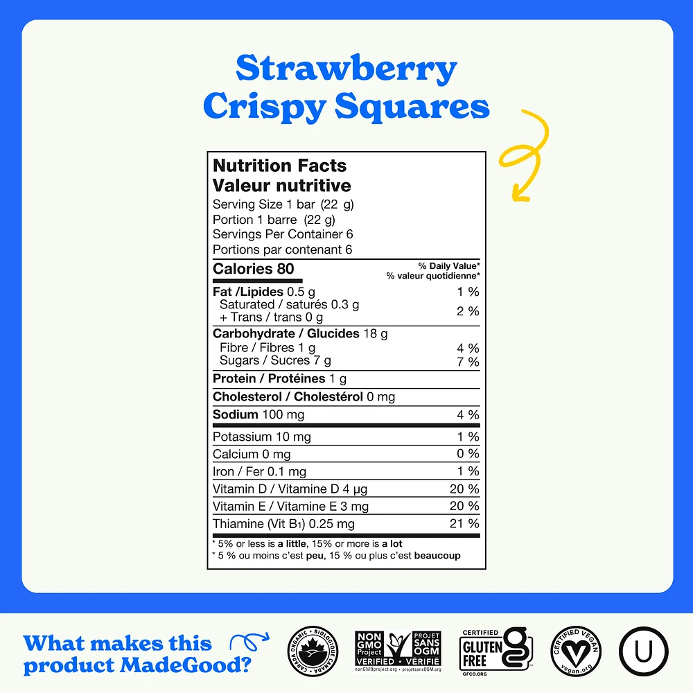 MadeGood Strawberry Crispy Squares 6pk, 6 x 22 g