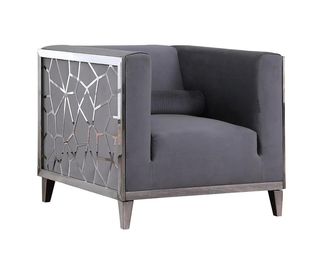 K-Living Darlene Grey Plush Velvet Chair With Chrome Stainless Steel Detailing on Arms
