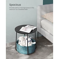 Boutique Home Round End Table with Fabric Basket Ideal for Den or Bedroom - Black Wood Design and Dark Turquoise
