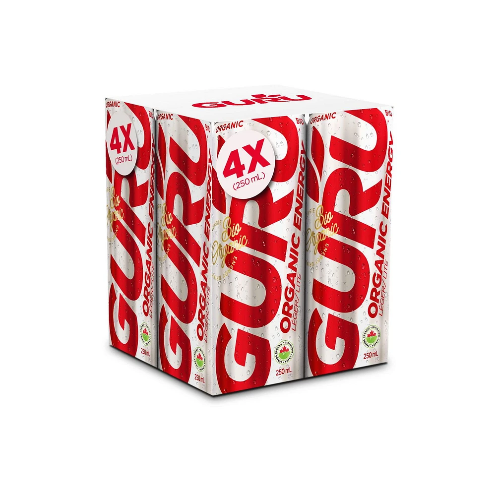 GURU Lite Low Carbs Organic Energy Drink, 250mL, 4 Pack, 4x250mL