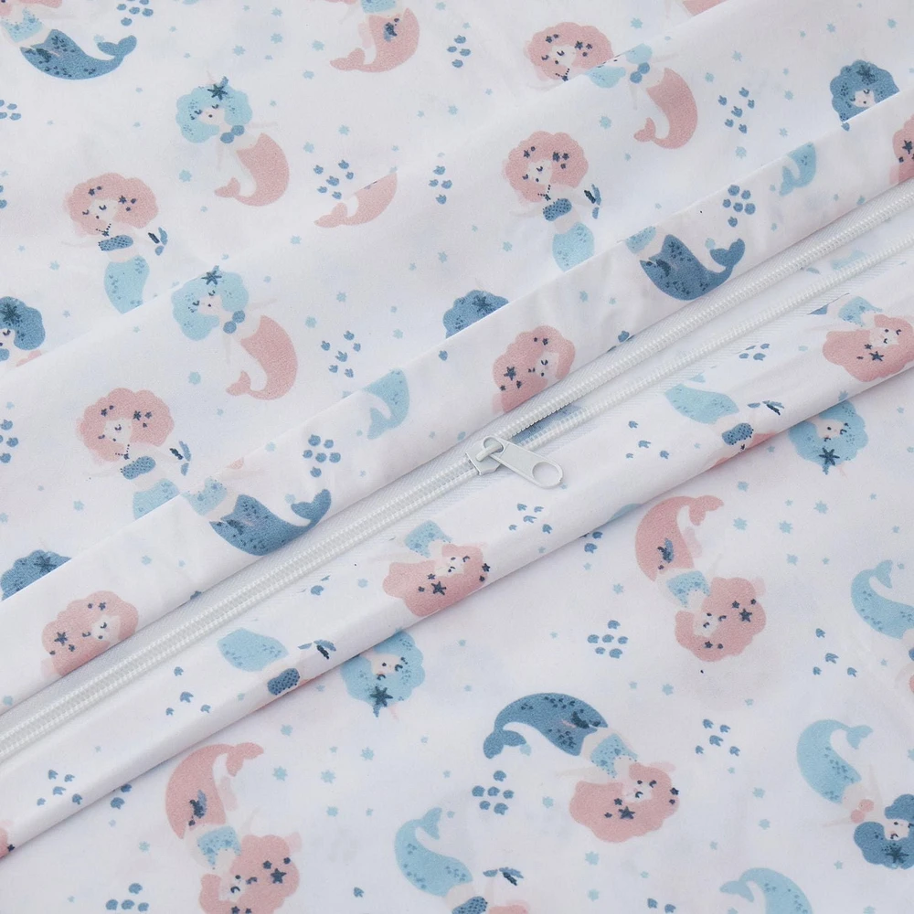 Marina Decoration Kids Girls Toddlers Cute Printed 600 Thread Count Soft Cotton Blend Percale Duvet Cover Set with Corner Tie and Zipper, Cartoon Mermaid Pattern