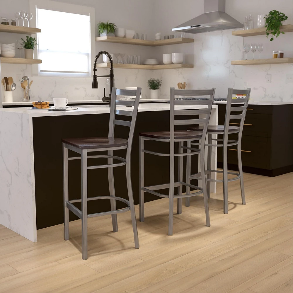 HERCULES Series Clear Coated Ladder Back Metal Restaurant Barstool - Walnut Wood Seat