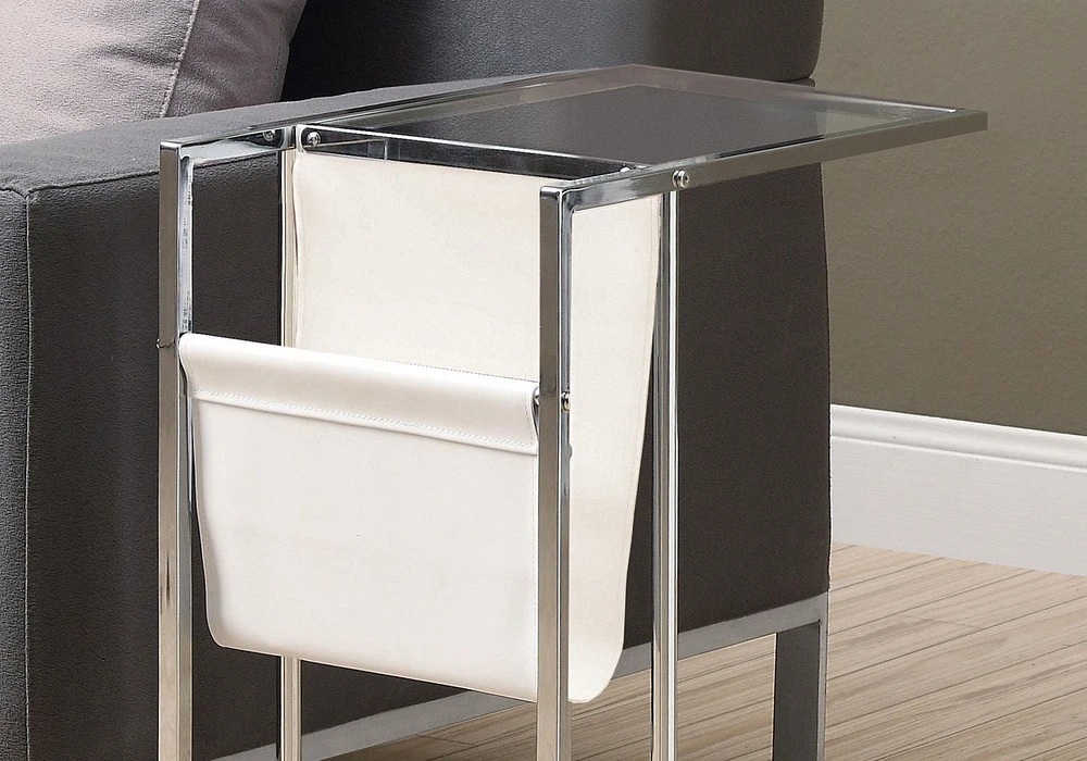 Monarch Specialties Accent Table, C-shaped, End, Side, Snack, Magazine Storage, Living Room, Bedroom, Metal, Pu Leather Look, Tempered Glass, Chrome, Clear, Contemporary, Modern