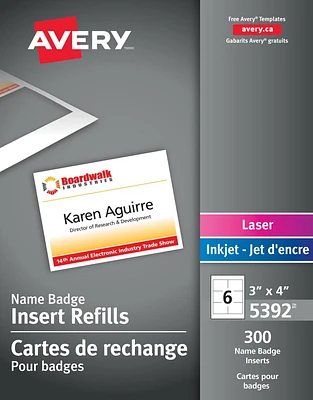 Avery® Name Badge Inserts for Laser and Inkjet Printers, 3" x 4"