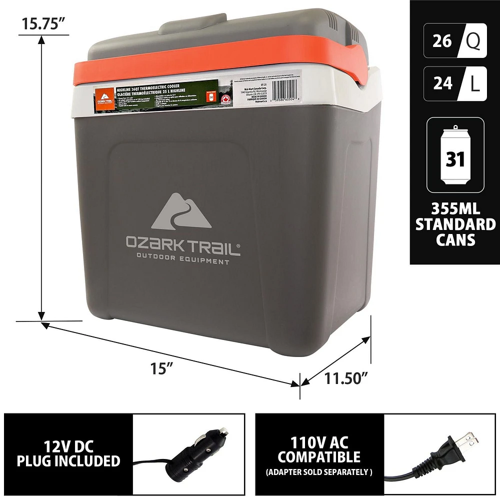Glacière thermoélectrique Ozark Trail 26 pintes, glacière de voyage portable, Highline 12 V sans glace 30 canettes, gris