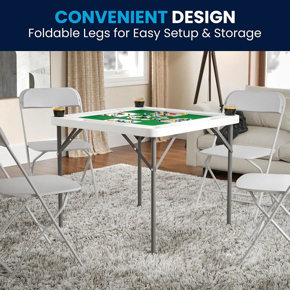 Table de jeu pliante blanche granite et carrée de 34,5 po avec surface de jeu verte