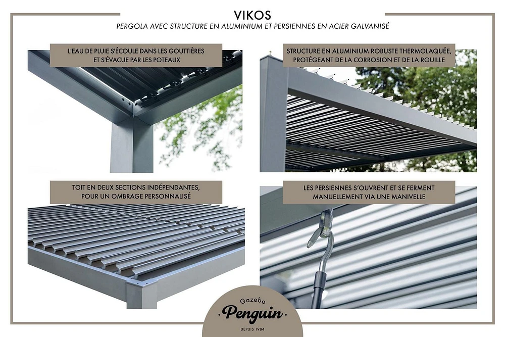 Pergola Vikos 10x13 en aluminium et persiennes en acier galvanisées