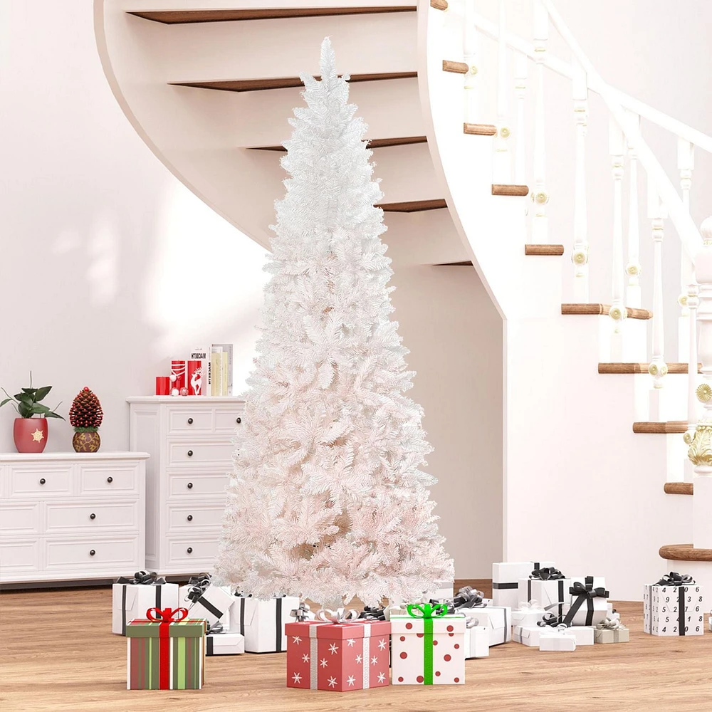 HOMCOM 7FT Pencil Artificial Christmas Tree with Pine Realistic Branches, Auto Open, Pink and White