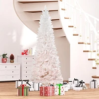 HOMCOM 7FT Pencil Artificial Christmas Tree with Pine Realistic Branches, Auto Open, Pink and White